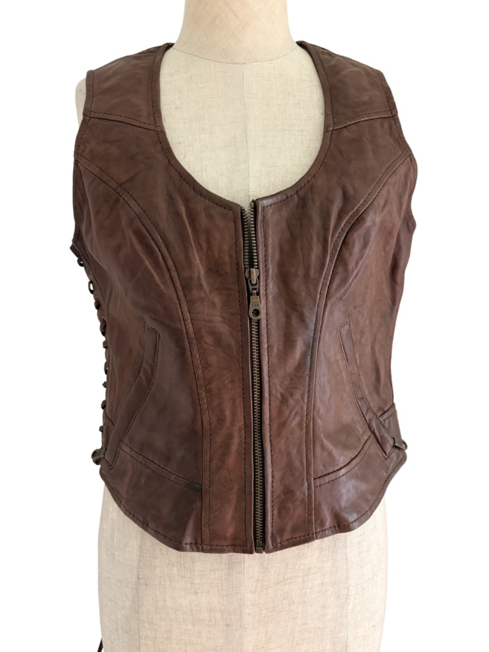 Vtg MOTORCYCLE leather vest Brown Laced Sides  M BIKER Weathered Style y2k zip